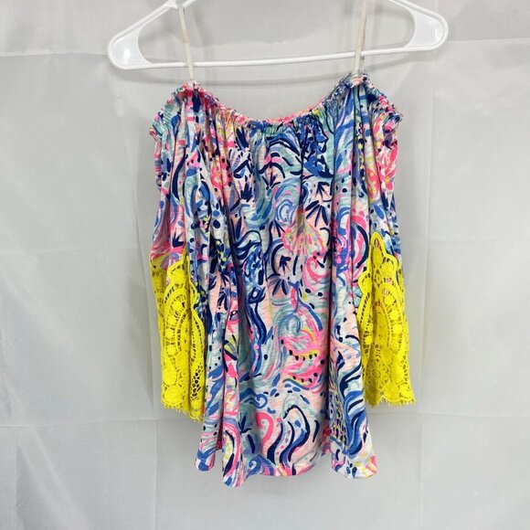 Lilly Pulitzer Women S Zaylee Top Off Shoulder Floral Fish Bell Sleeve Colorful - Picture 1 of 11
